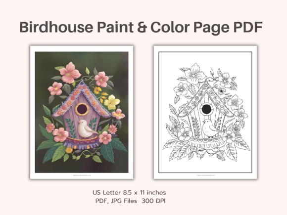 Whimsical Birdhouse Paint & Color Page PDF: A Creative Escape